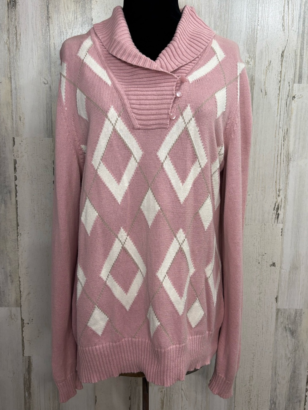 Liz Claiborne Pink Argyle Shawl Collar Sweater